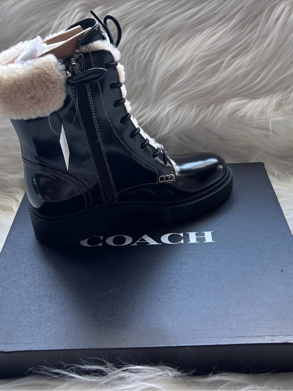Coach Leighton Shearling-Lined Black Patent Leather Boots. 6.5 B (NWTB) $240.